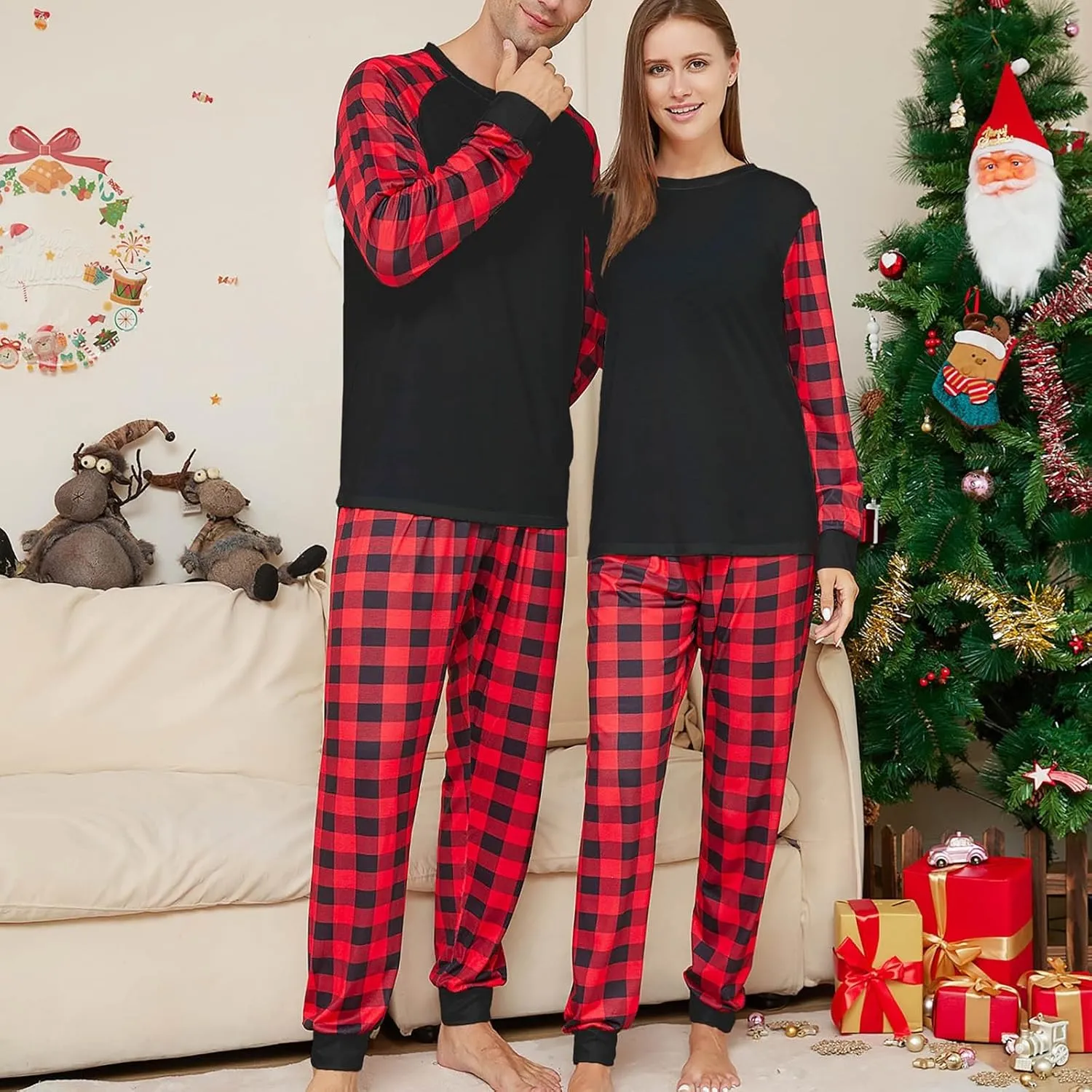 Christmas Pajamas,Family Christmas Pjs Matching Sets Holiday Jammies Letter Print Top and Plaid Pants Xmas Sleepwear