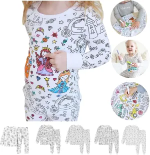 Colorable Pajamas Sets DIY Color Your Own 2 Pieces Cute Cartoon Print Hand Painted Shirt Jammies Bottoms 2-9 Years