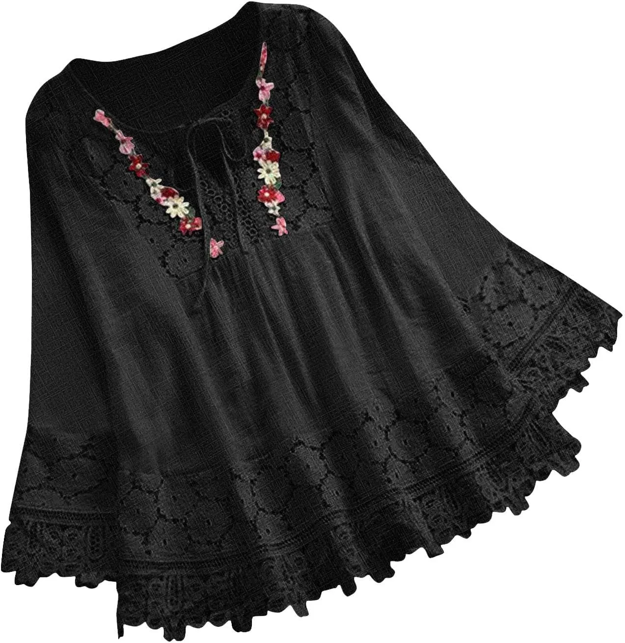 Cotton Linen Blouse for Women Summer Embroidery Baggy Long Sleeve Lace Patchwork Tunic Tops 2025 Plus Size T-Shirts