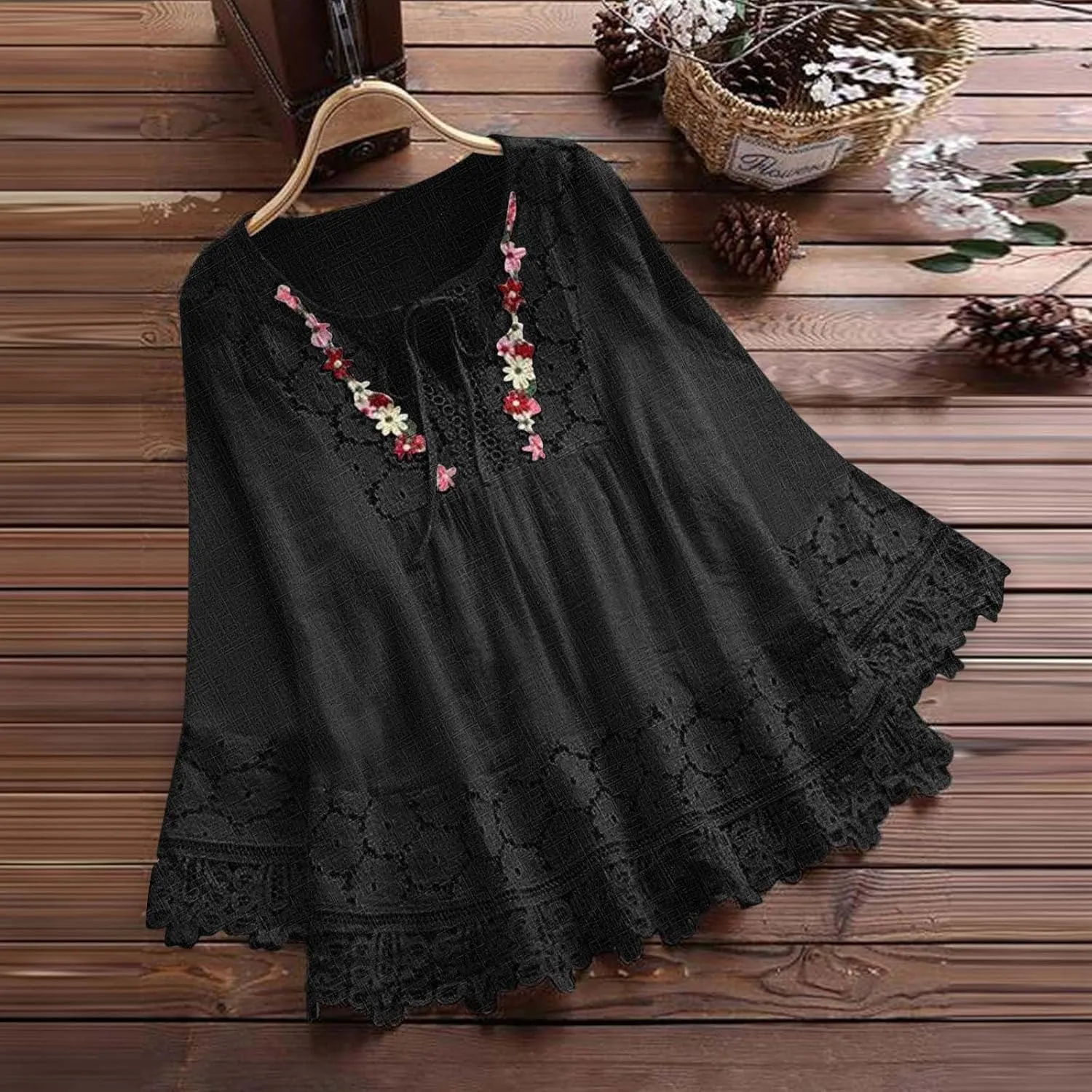 Cotton Linen Blouse for Women Summer Embroidery Baggy Long Sleeve Lace Patchwork Tunic Tops 2025 Plus Size T-Shirts