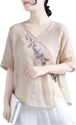 Cotton Linen Vintage Summer Thin Embroidered Top Ethnic Style V-Neck T-Shirt Chinese Traditional Women's