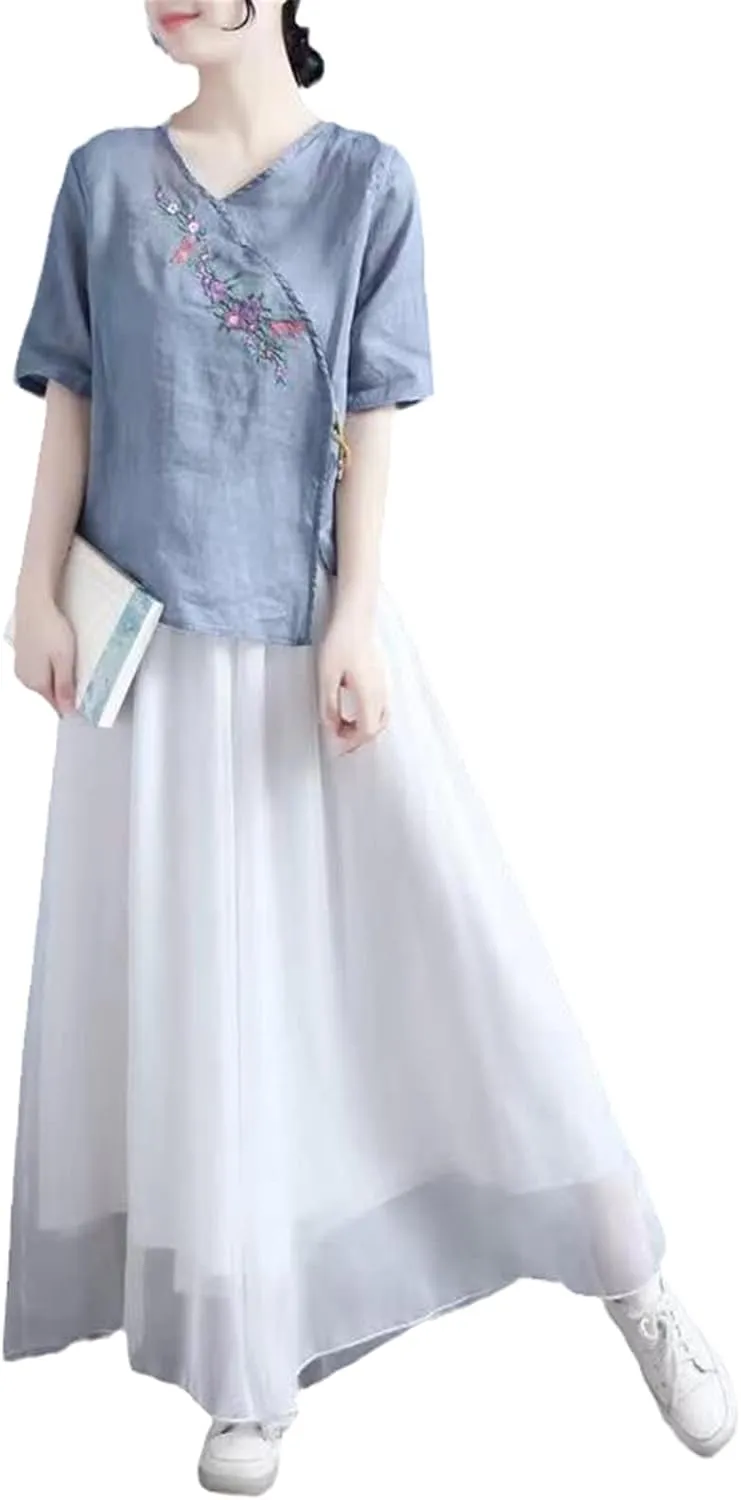 Cotton Linen Vintage Summer Thin Embroidered Top Ethnic Style V-Neck T-Shirt Chinese Traditional Women's