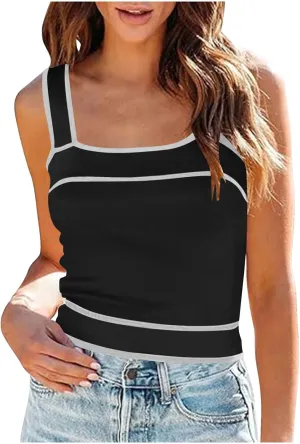 Crop Tank Tops for Women Contrast Color Soft Knit Camisole Contrast Color Square Neck Shirt Moisture Wicking Blouse