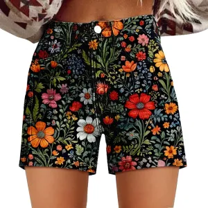 Denim Shorts for Women Vintage Boho Floral Print Denim Jeans Casual High Waist Slim Bermuda Short Retro Y2K Streetwear