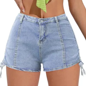 Denim Shorts Women Women's Summer Denim High Waisted Drawstring Jeans Shorts with Pockets