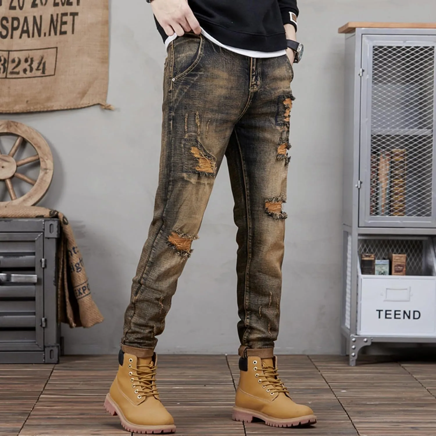 Distressed Destroyed Slim Fit Ripped Jeans for Men Stretchy Tapered Leg Regular Relaxed Fit Denim Pants