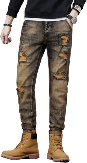 Distressed Destroyed Slim Fit Ripped Jeans for Men Stretchy Tapered Leg Regular Relaxed Fit Denim Pants