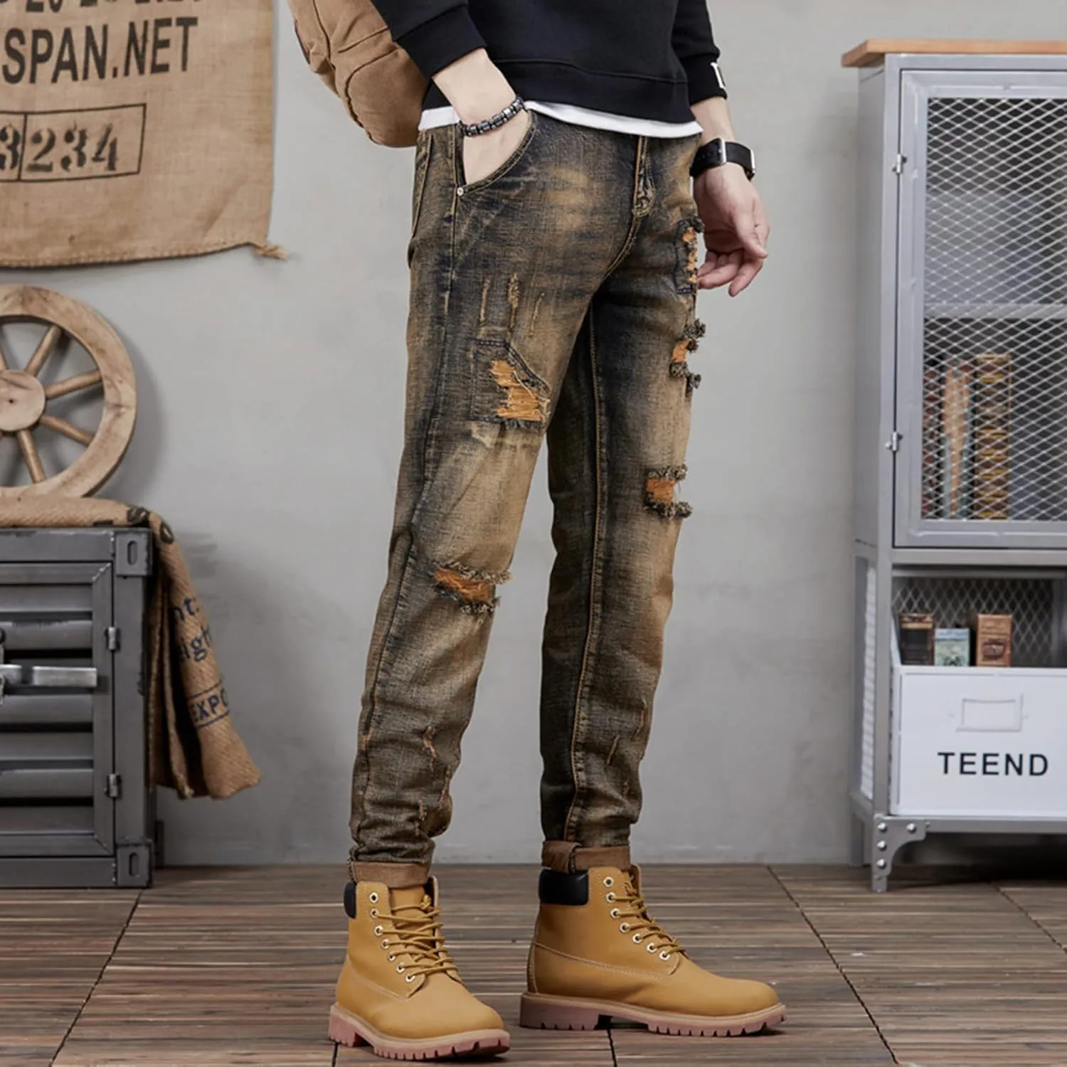 Distressed Destroyed Slim Fit Ripped Jeans for Men Stretchy Tapered Leg Regular Relaxed Fit Denim Pants