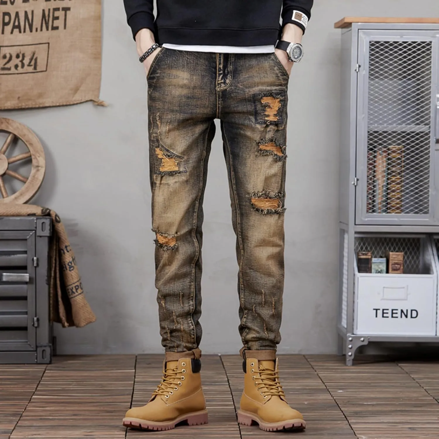 Distressed Destroyed Slim Fit Ripped Jeans for Men Stretchy Tapered Leg Regular Relaxed Fit Denim Pants