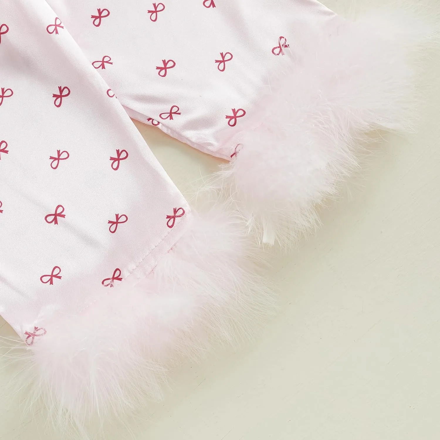 DuAnyozu Toddler Girl Valentines Outfit Satin Pajamas Feather Trim Sleeve Top Pants Kids Little Girls 2Pcs Pjs Sleepwear
