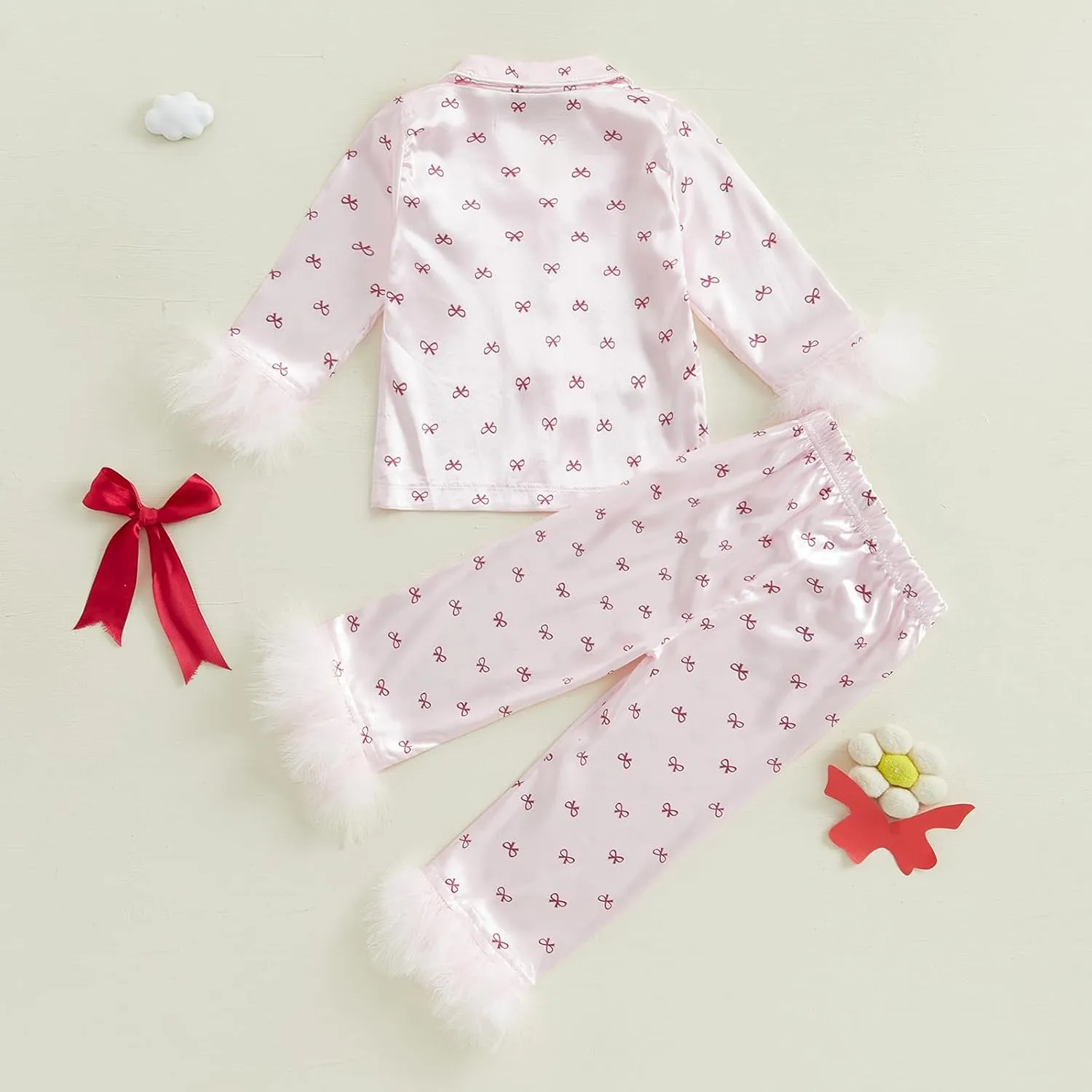 DuAnyozu Toddler Girl Valentines Outfit Satin Pajamas Feather Trim Sleeve Top Pants Kids Little Girls 2Pcs Pjs Sleepwear