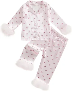 DuAnyozu Toddler Girl Valentines Outfit Satin Pajamas Feather Trim Sleeve Top Pants Kids Little Girls 2Pcs Pjs Sleepwear