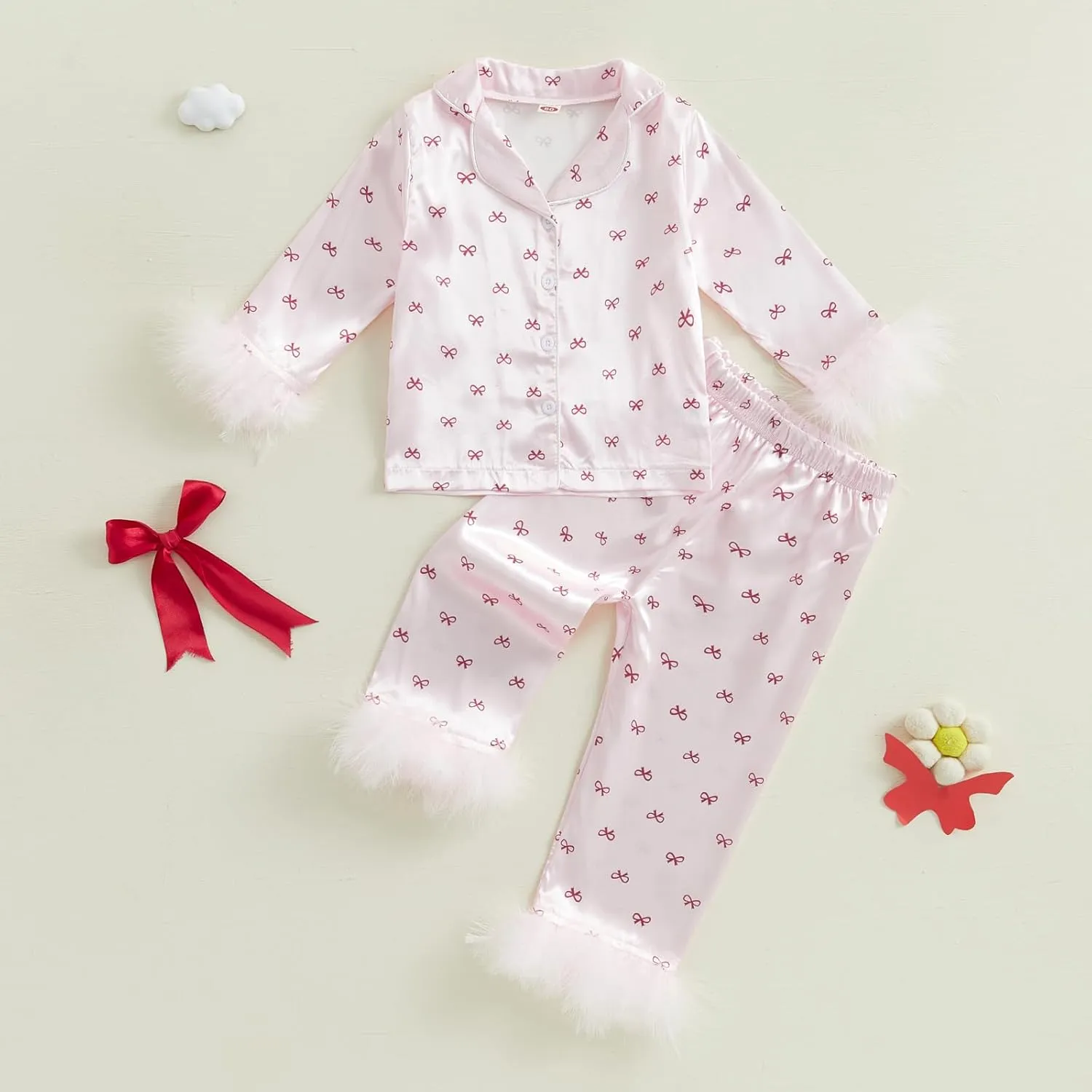 DuAnyozu Toddler Girl Valentines Outfit Satin Pajamas Feather Trim Sleeve Top Pants Kids Little Girls 2Pcs Pjs Sleepwear