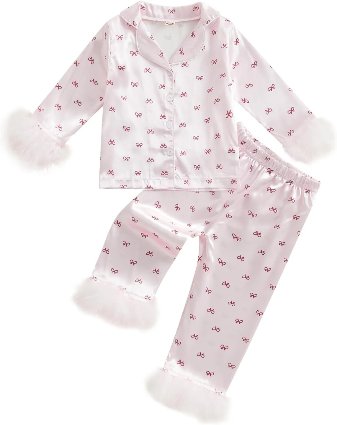 DuAnyozu Toddler Girl Valentines Outfit Satin Pajamas Feather Trim Sleeve Top Pants Kids Little Girls 2Pcs Pjs Sleepwear