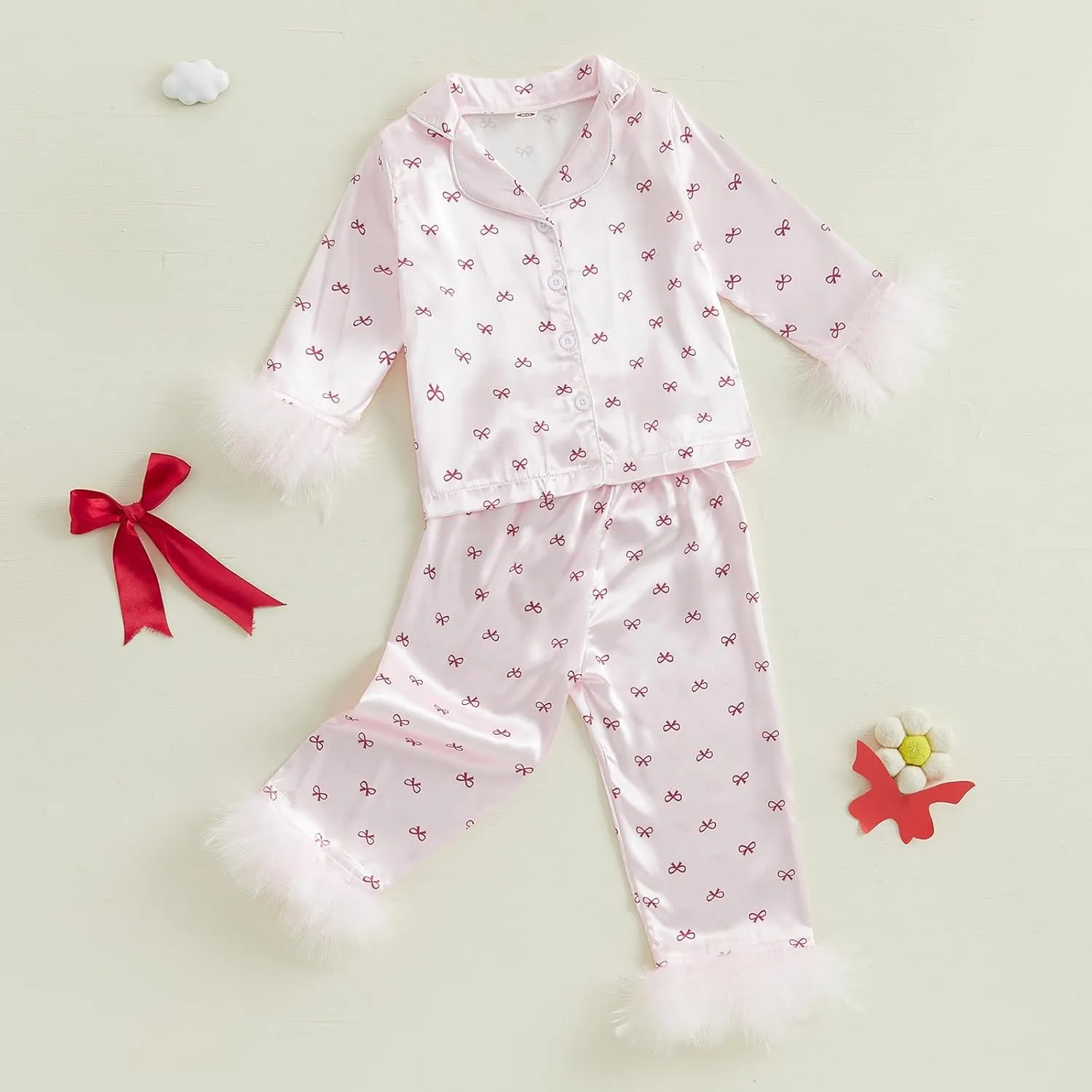 DuAnyozu Toddler Girl Valentines Outfit Satin Pajamas Feather Trim Sleeve Top Pants Kids Little Girls 2Pcs Pjs Sleepwear
