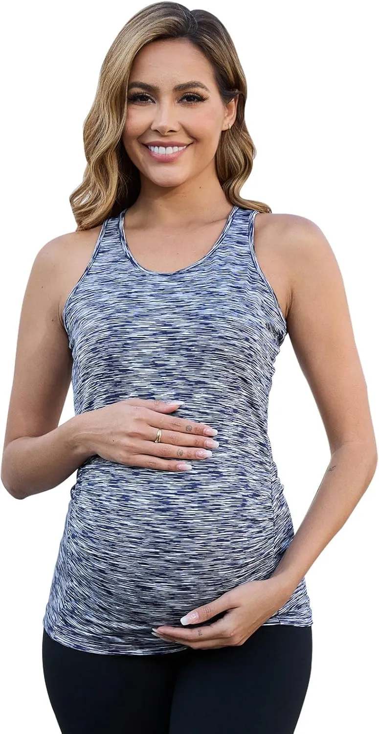 Ecavus Women's Maternity Tank Tops Seamless Racerback Sleeveless Workout Athletic Yoga Tops Pregnancy Shirt