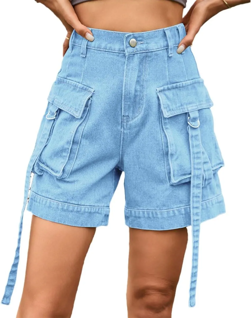 ECHOINE Womens Casual Cargo Jeans Shorts Trendy High Waisted Cotton Denim Shorts Summer Short Pants with Pockets