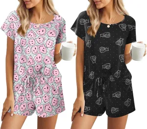 Ekouaer 2 Pack Womens Pajama Sets Short Sleeve Sleepwear Soft Crew Neck Pj Shorts Set Printed Loungewear Set S-XXL