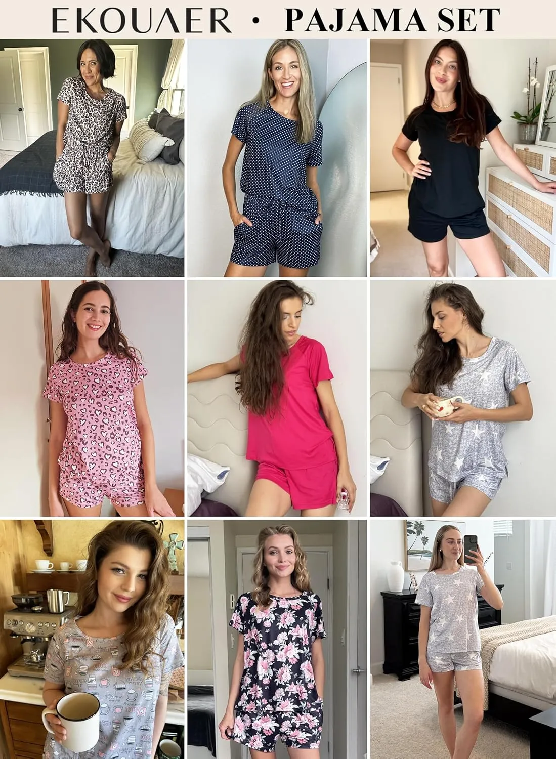 Ekouaer 2 Pack Womens Pajama Sets Short Sleeve Sleepwear Soft Crew Neck Pj Shorts Set Printed Loungewear Set S-XXL