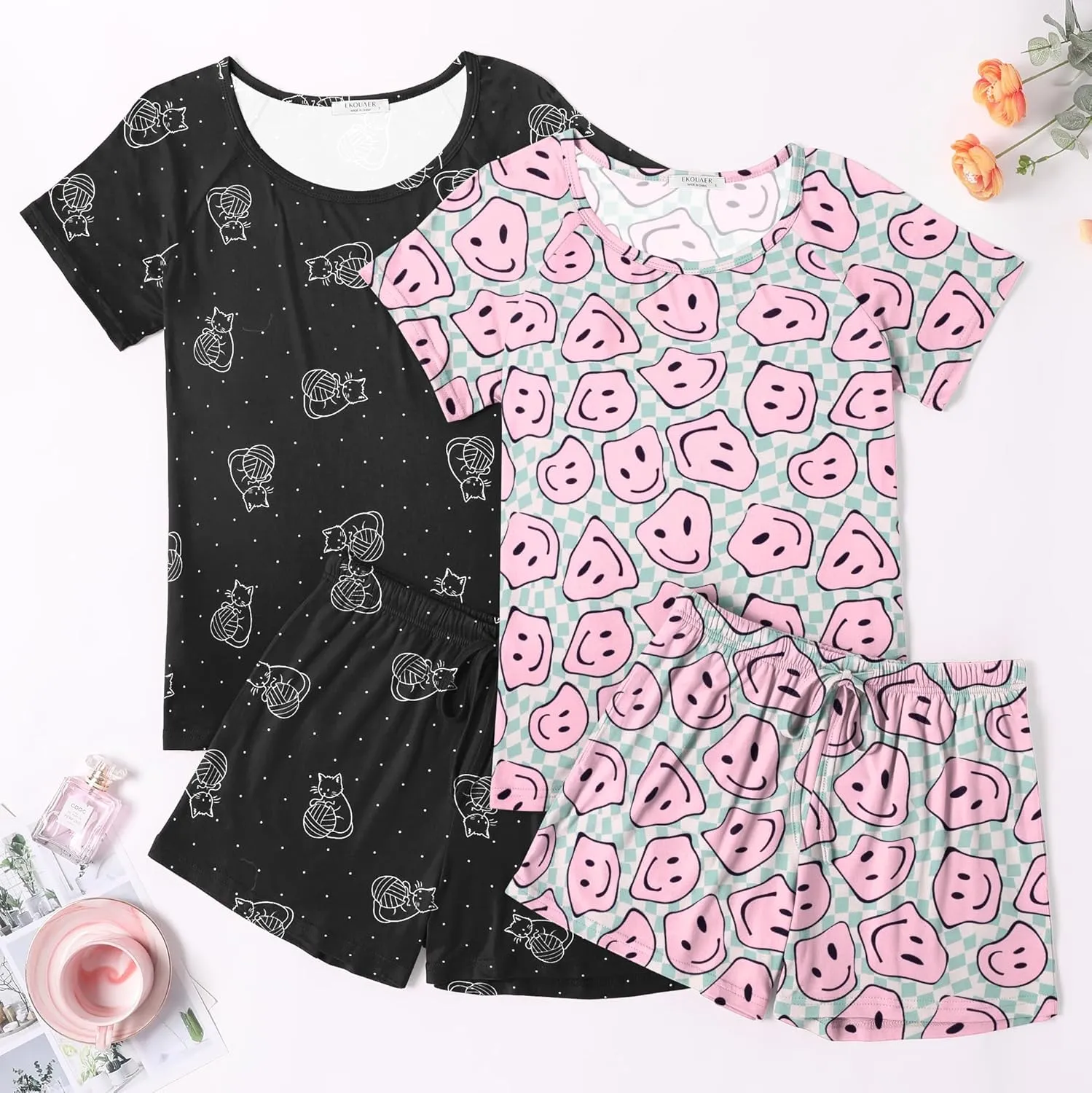 Ekouaer 2 Pack Womens Pajama Sets Short Sleeve Sleepwear Soft Crew Neck Pj Shorts Set Printed Loungewear Set S-XXL