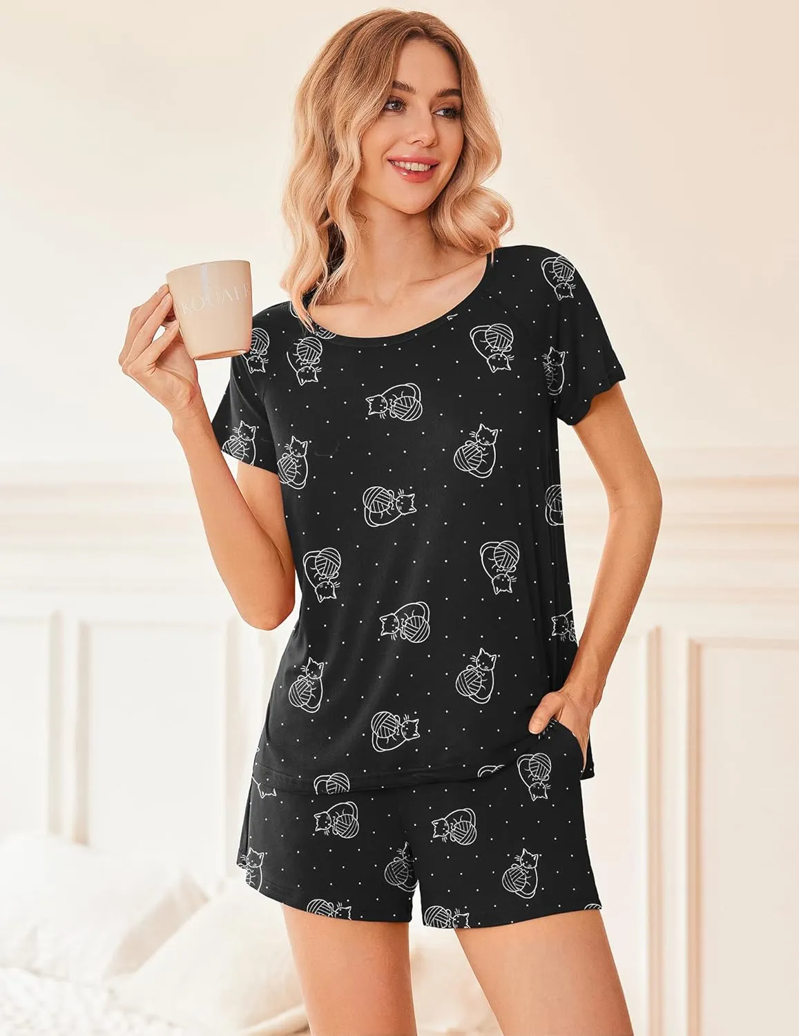 Ekouaer 2 Pack Womens Pajama Sets Short Sleeve Sleepwear Soft Crew Neck Pj Shorts Set Printed Loungewear Set S-XXL