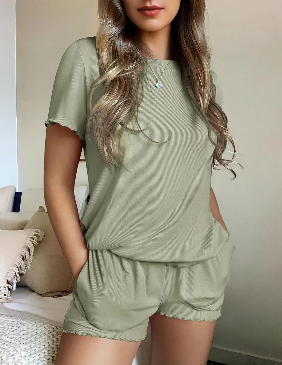 Ekouaer Womens Pajamas 2 Piece Ribbed Knit Pjs Short Sleeve Sleepwear Set Summer Soft Pajamas Set Casual Lounge Sets