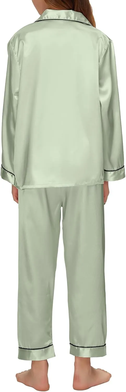 EPLAZA Kids Satin Pajamas Sets Girls Boys Button-Down Silky Pajamas Sleepwear with Hairband Eye Mask Hair Tie