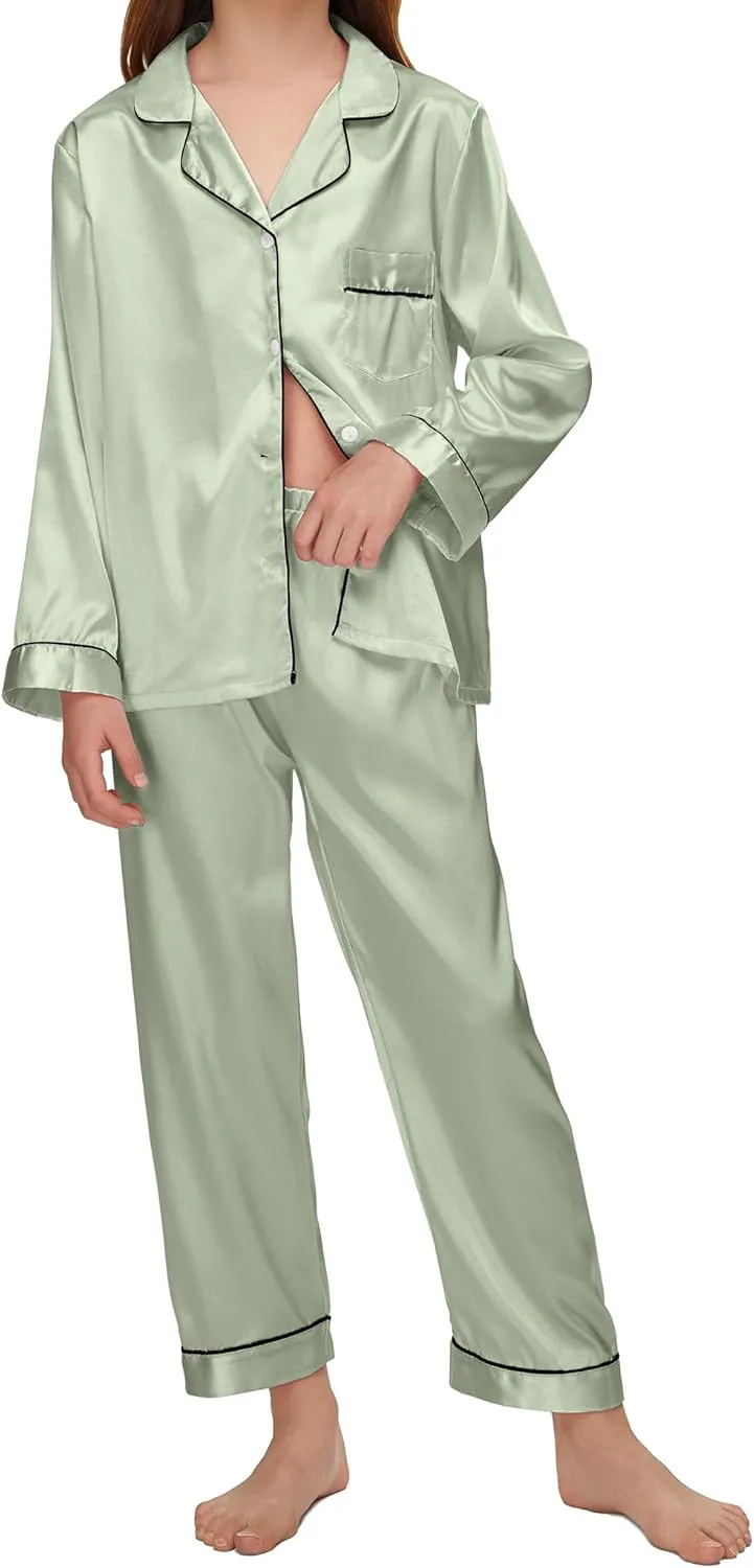 EPLAZA Kids Satin Pajamas Sets Girls Boys Button-Down Silky Pajamas Sleepwear with Hairband Eye Mask Hair Tie