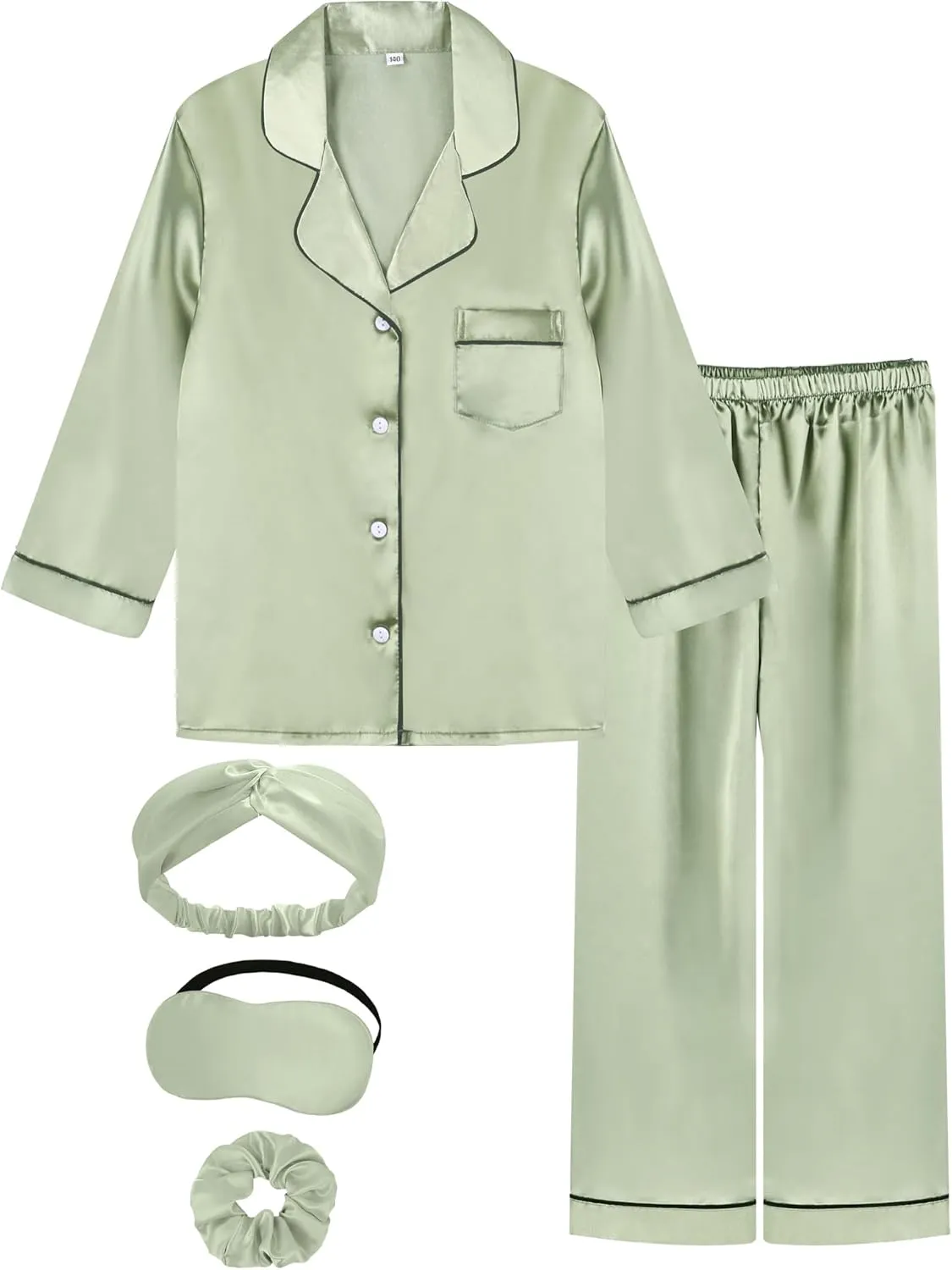 EPLAZA Kids Satin Pajamas Sets Girls Boys Button-Down Silky Pajamas Sleepwear with Hairband Eye Mask Hair Tie