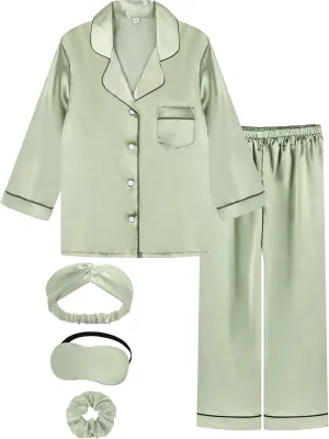 EPLAZA Kids Satin Pajamas Sets Girls Boys Button-Down Silky Pajamas Sleepwear with Hairband Eye Mask Hair Tie