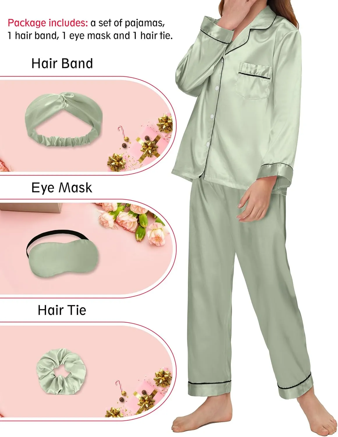EPLAZA Kids Satin Pajamas Sets Girls Boys Button-Down Silky Pajamas Sleepwear with Hairband Eye Mask Hair Tie