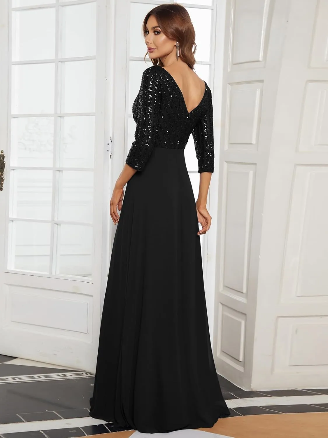 Ever-Pretty Women's Elegant Formal Dress V-Neck Long Sleeve Sequin Maxi Chiffon Evening Dresses 00751