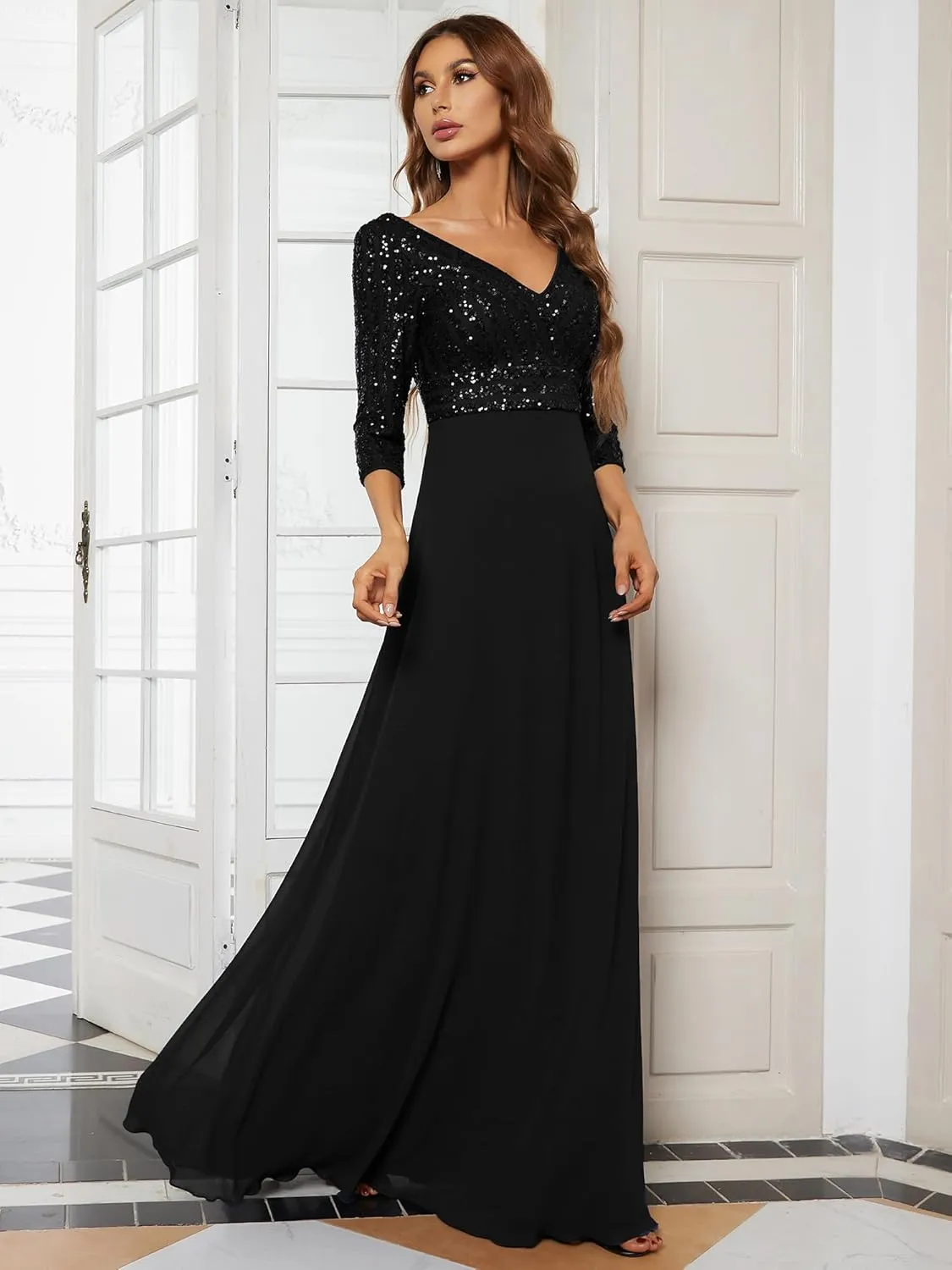 Ever-Pretty Women's Elegant Formal Dress V-Neck Long Sleeve Sequin Maxi Chiffon Evening Dresses 00751