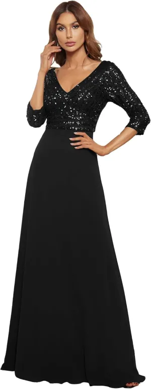 Ever-Pretty Women's Elegant Formal Dress V-Neck Long Sleeve Sequin Maxi Chiffon Evening Dresses 00751