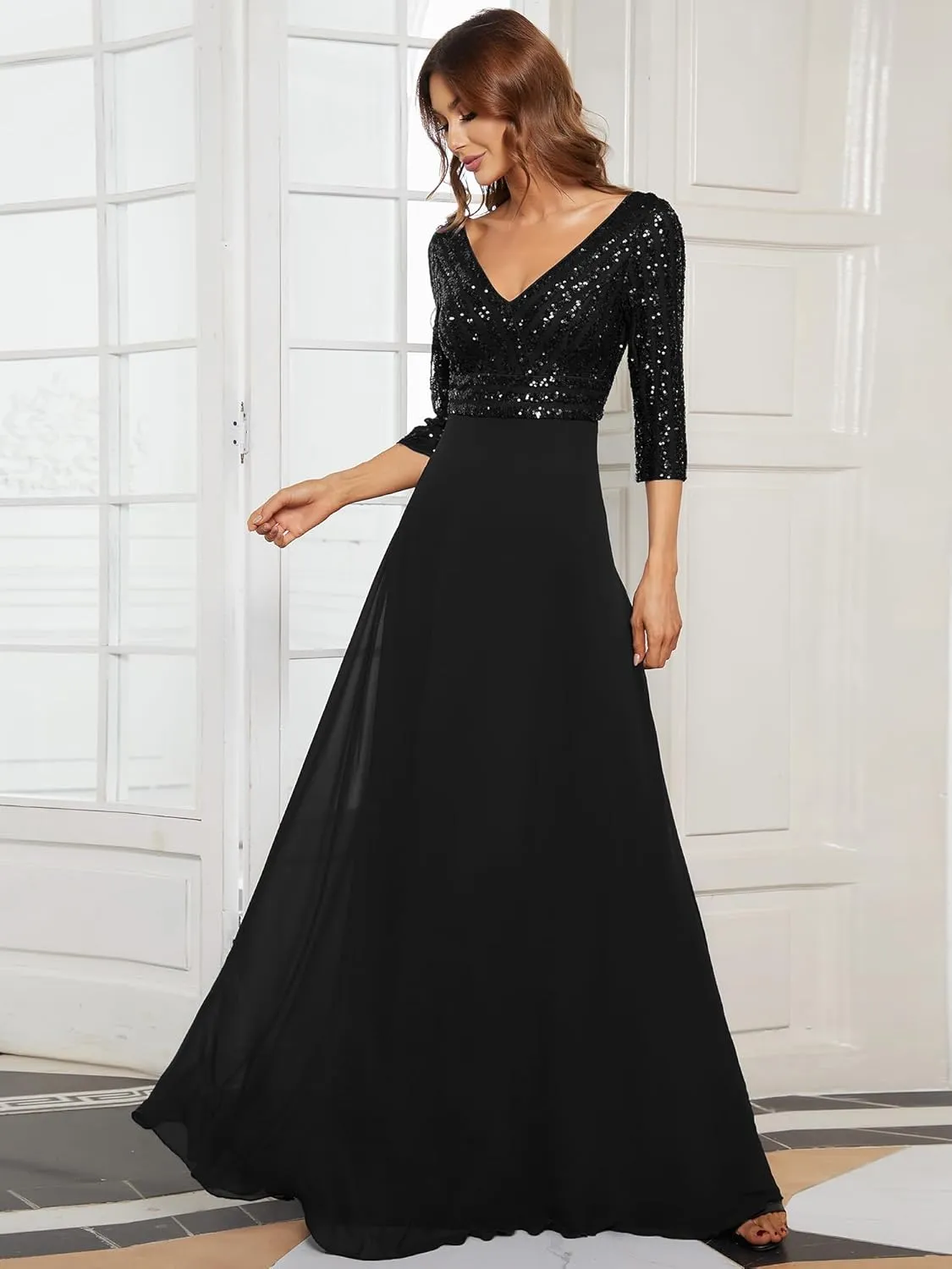 Ever-Pretty Women's Elegant Formal Dress V-Neck Long Sleeve Sequin Maxi Chiffon Evening Dresses 00751