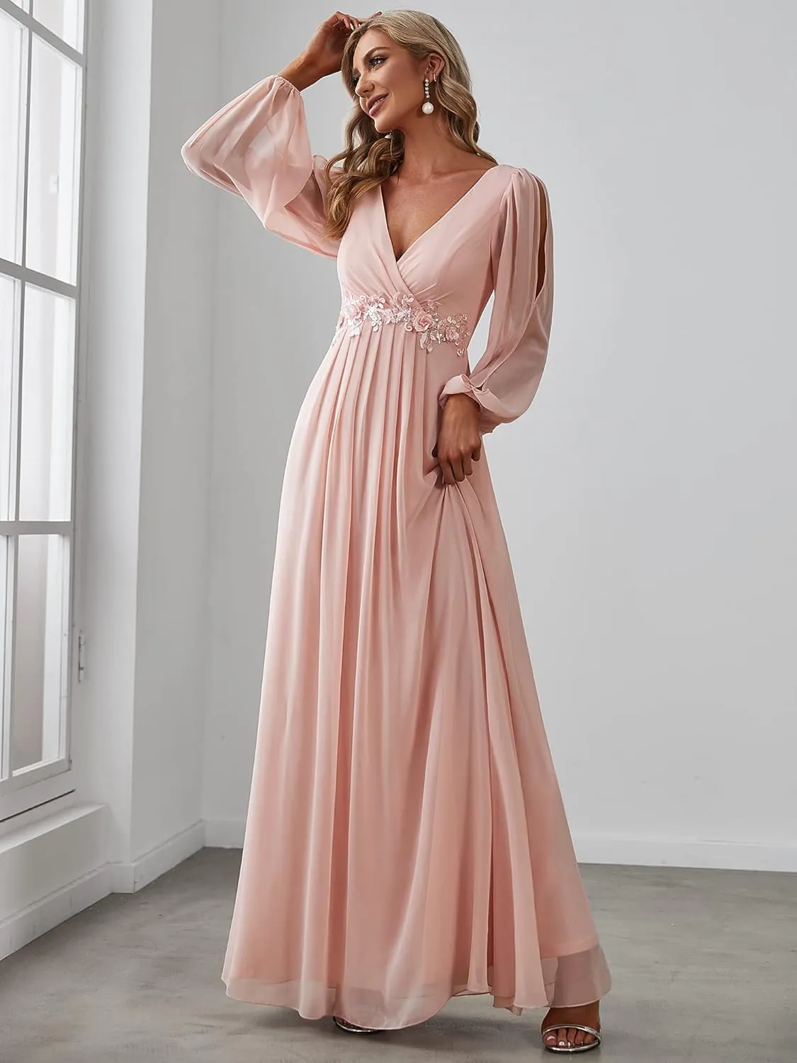 Ever-Pretty Women's V Neck Long Sleeves Floor Length Ruched Chiffon Formal Dress 00461
