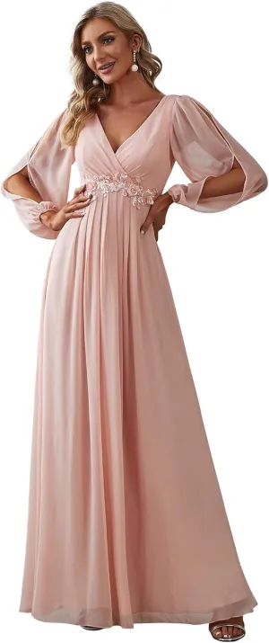 Ever-Pretty Women's V Neck Long Sleeves Floor Length Ruched Chiffon Formal Dress 00461