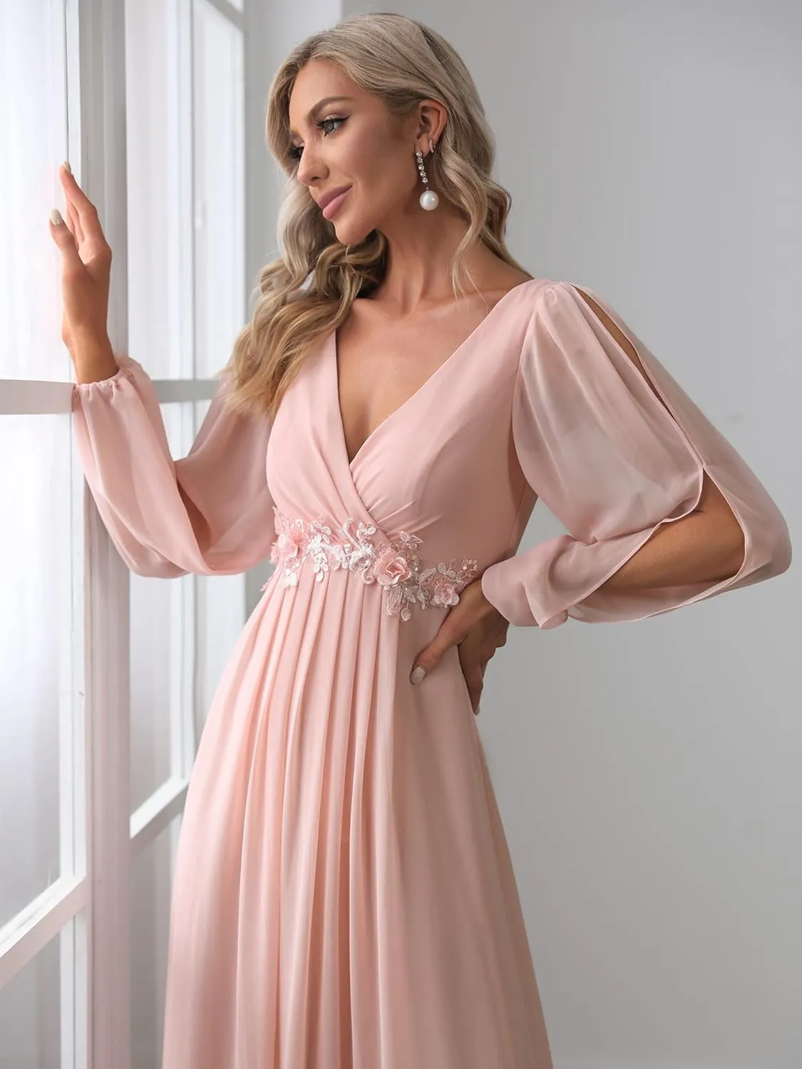Ever-Pretty Women's V Neck Long Sleeves Floor Length Ruched Chiffon Formal Dress 00461