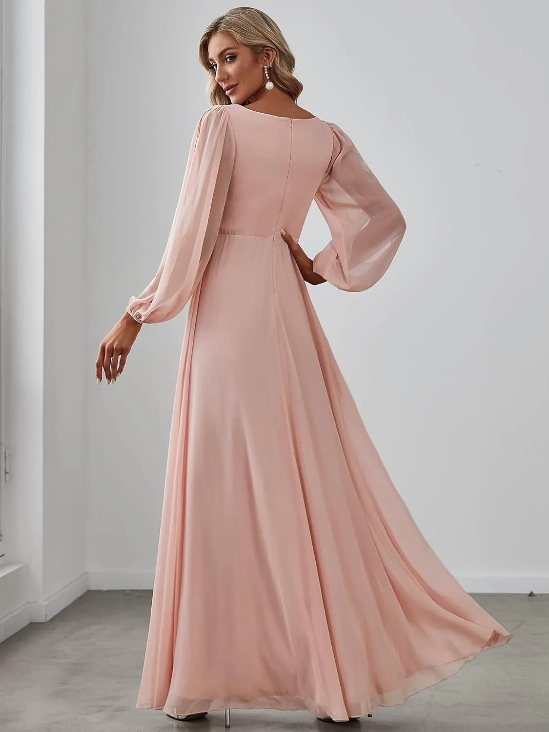 Ever-Pretty Women's V Neck Long Sleeves Floor Length Ruched Chiffon Formal Dress 00461