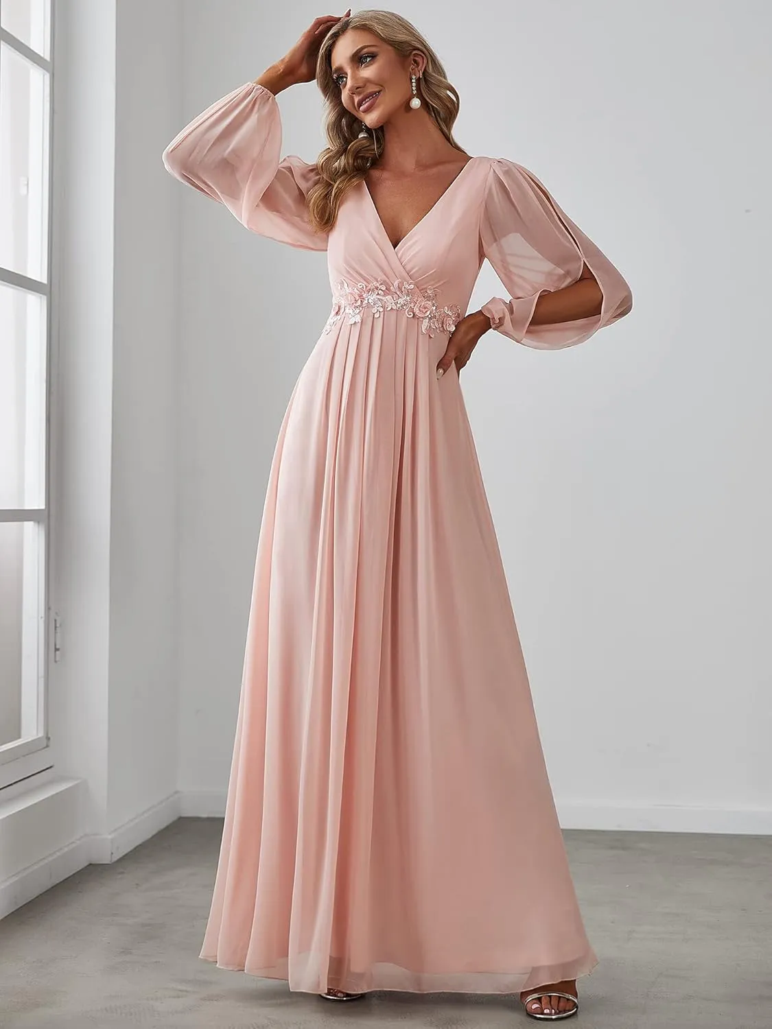 Ever-Pretty Women's V Neck Long Sleeves Floor Length Ruched Chiffon Formal Dress 00461