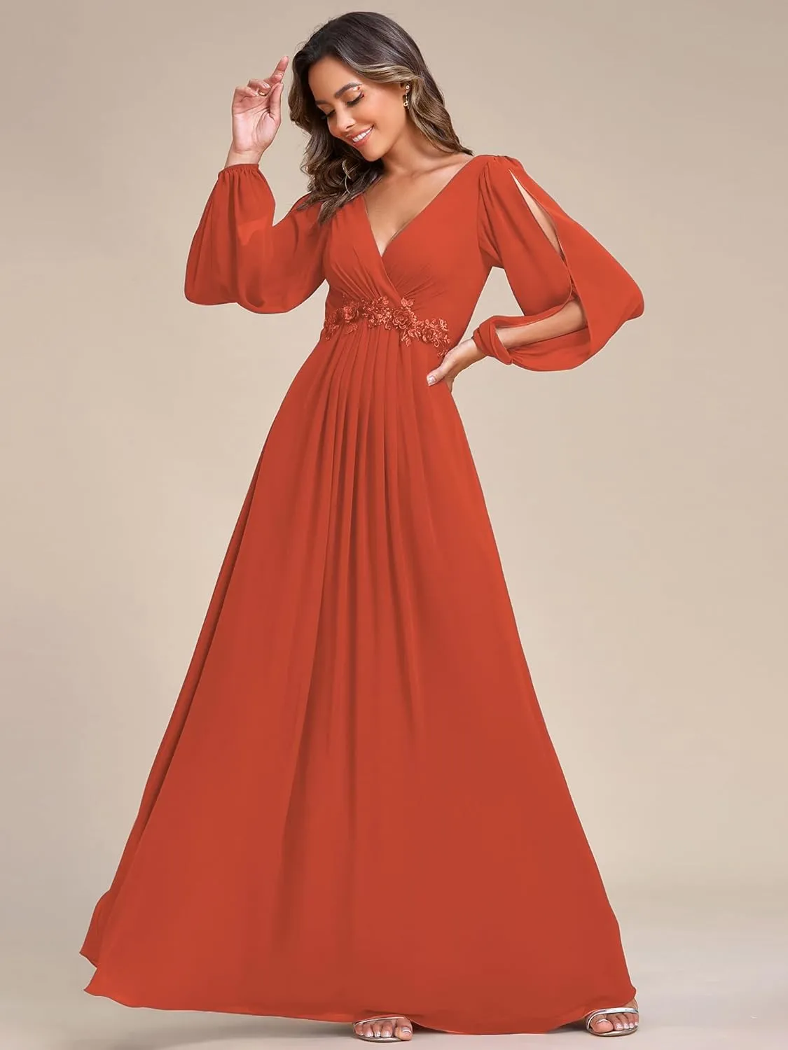 Ever-Pretty Women's V Neck Long Sleeves Floor Length Ruched Chiffon Formal Dress 00461