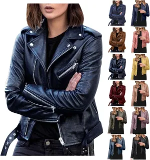 Faux Leather Jacket Women Fashion Motorcycle Jacket Lightweight Zip Up Cropped Jackets Slim Pu Coat Moto Biker Jacket