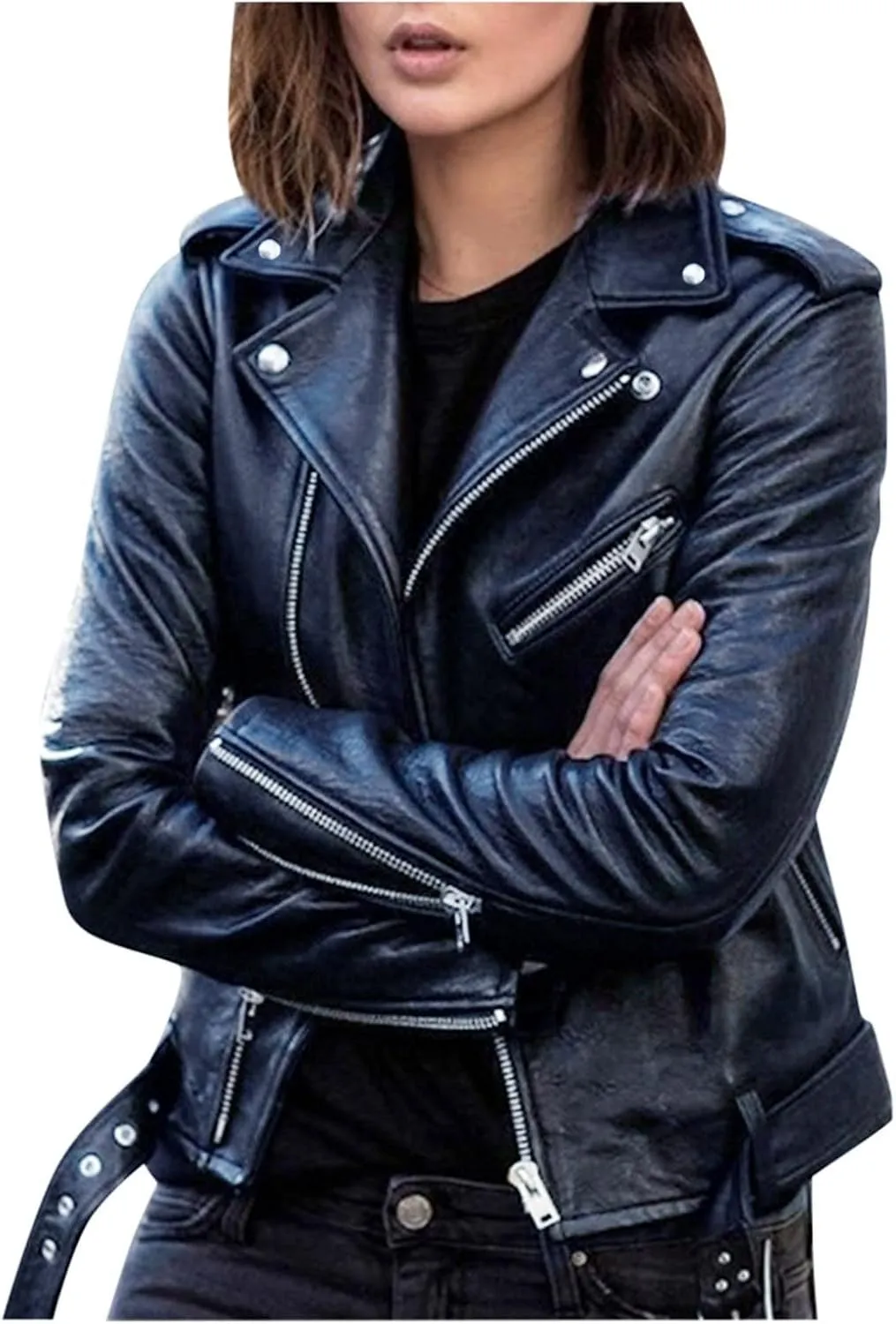 Faux Leather Jacket Women Fashion Motorcycle Jacket Lightweight Zip Up Cropped Jackets Slim Pu Coat Moto Biker Jacket