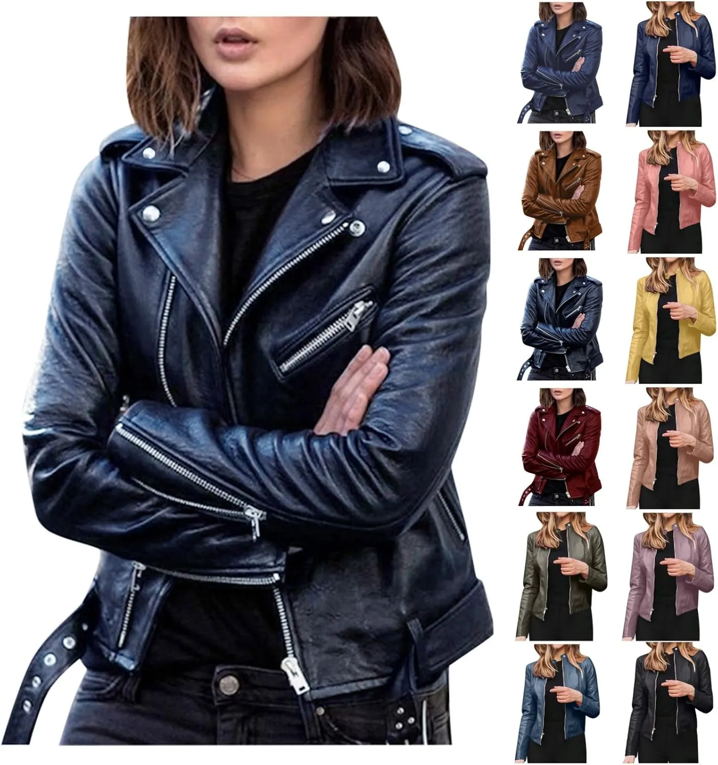 Faux Leather Jacket Women Fashion Motorcycle Jacket Lightweight Zip Up Cropped Jackets Slim Pu Coat Moto Biker Jacket