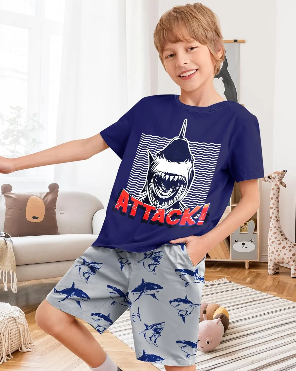 Fiodrimy Boys Pajamas Big Boys Summer Short Sleeve PJ Set Kid Sleepwear Boys Pajamas Size 8-14