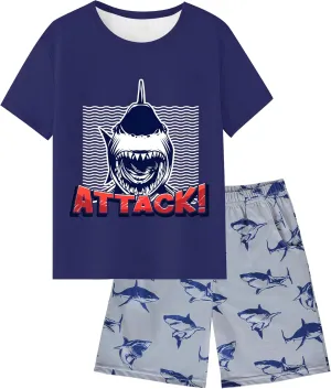 Fiodrimy Boys Pajamas Big Boys Summer Short Sleeve PJ Set Kid Sleepwear Boys Pajamas Size 8-14