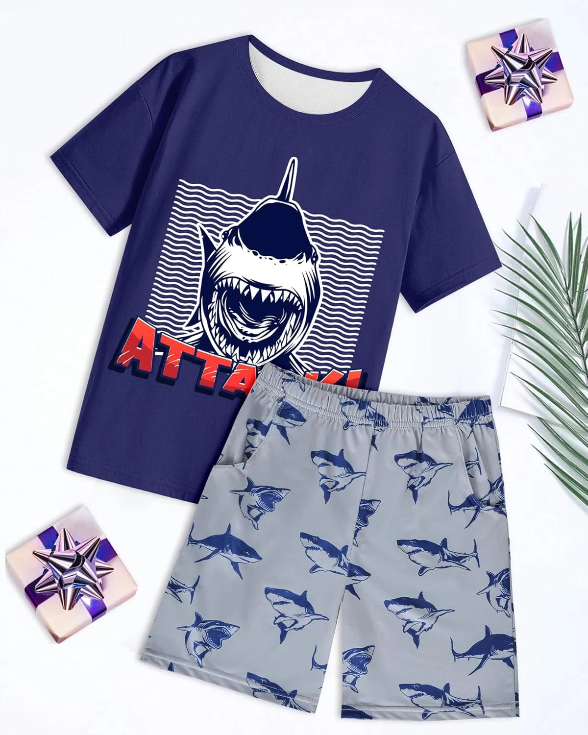 Fiodrimy Boys Pajamas Big Boys Summer Short Sleeve PJ Set Kid Sleepwear Boys Pajamas Size 8-14