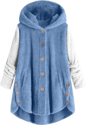 Fleece Jacket Women Button Hem Plus Size Hoodie Top Sweater Blouse Oversized Fluffy Outerwear para Coats