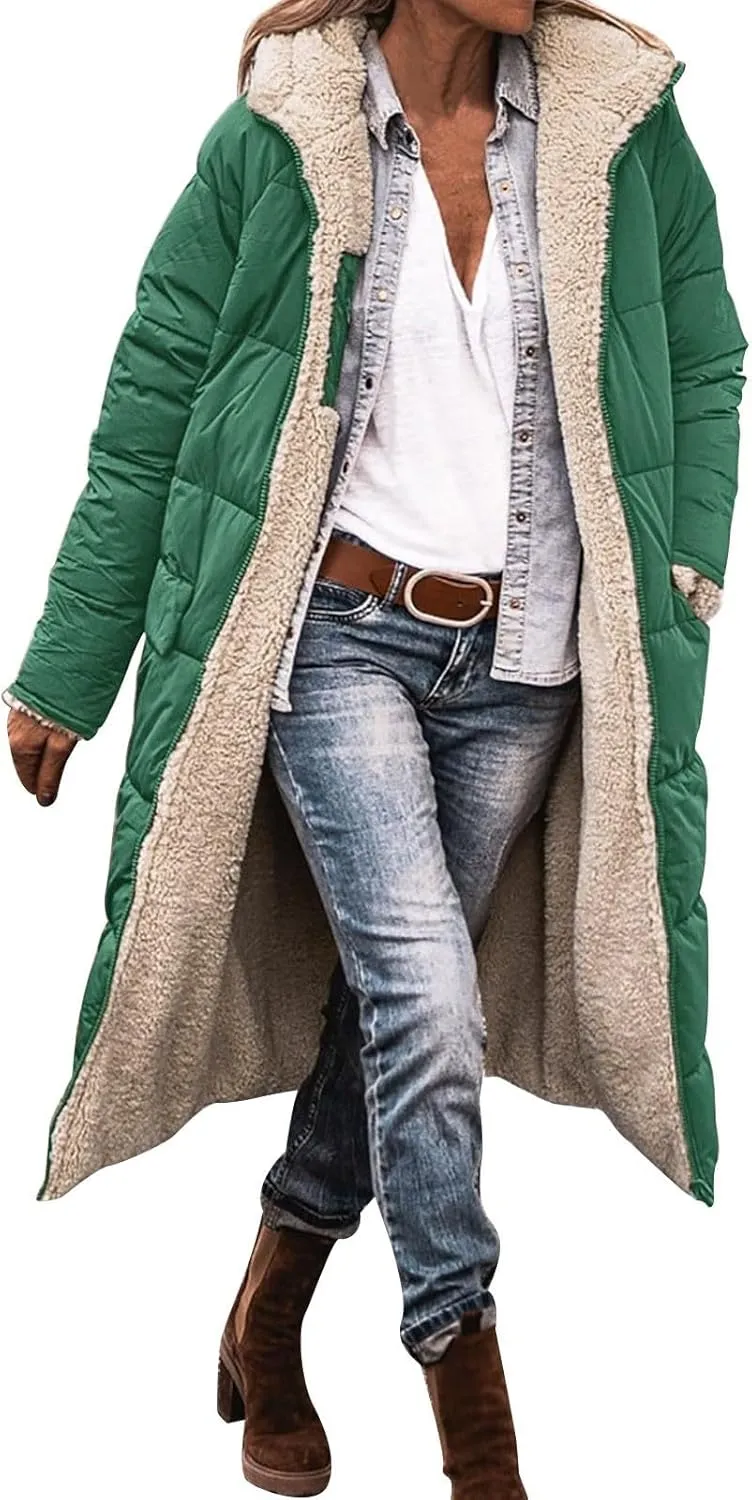Fleece Jackets for Women Casual Zip Up Solid Color Reversible Teddy Long Coat Womens Padded Heavyweight Soft Jacket