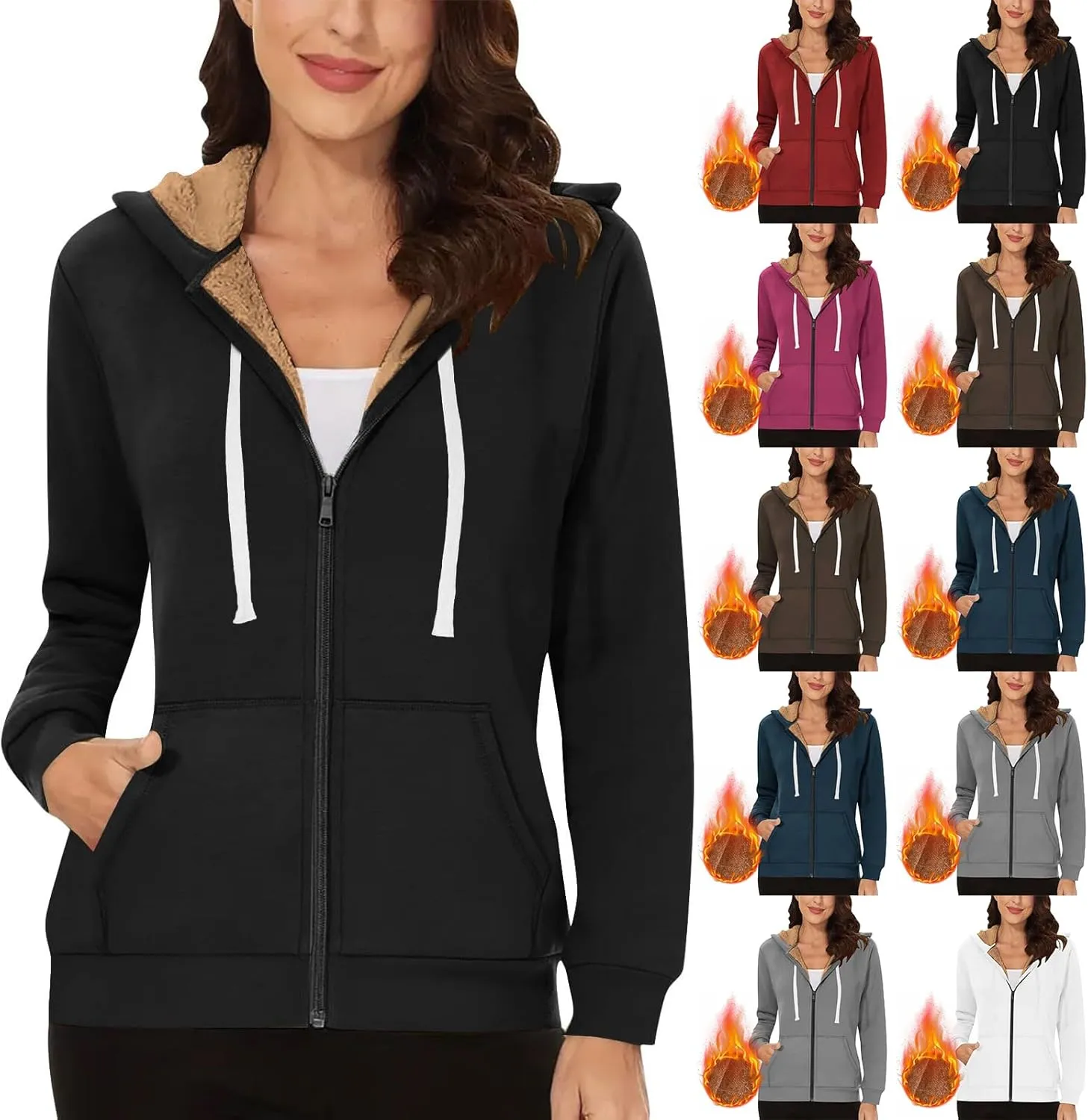 Fleece Lined Zip Up Hoodie Women Plus Size Hooded Sweatshirt Fuzzy Sherpa Lined Jacket Casual Drawstring Winter Coats